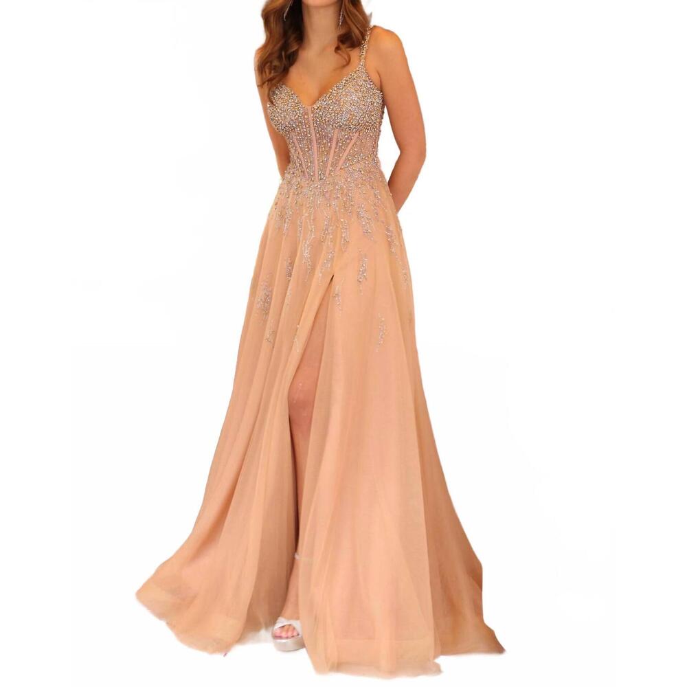 NEW AVA PRESLEY beaded v-neck tulle evening gown in nude/gold